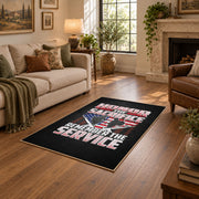 American veteran flag area rug in black, red, white, and blue, design detail view