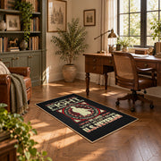 Military service emblem area rug in black, red, cream, and gold, complete product view