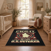 Military service emblem area rug in black, red, cream, and gold, full pattern view