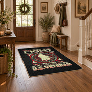 Military service emblem area rug in black, red, cream, and gold, wood floor styling