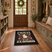Military service emblem area rug in black, red, cream, and gold, front room mockup