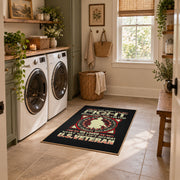 Military service emblem area rug in black, red, cream, and gold, wide interior view