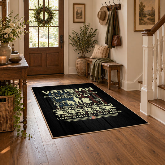 Vietnam veteran tribute area rug in black, green, cream, and gold, featured room view
