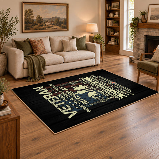 Vietnam veteran tribute area rug in black, green, cream, and gold, angled room view