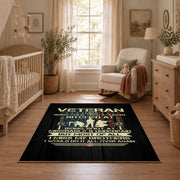 Vietnam veteran tribute area rug in black, green, cream, and gold, full pattern view