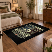 Vietnam veteran tribute area rug in black, green, cream, and gold, soft surface detail