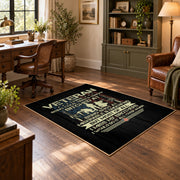Vietnam veteran tribute area rug in black, green, cream, and gold, wood floor styling