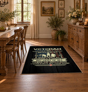 Vietnam veteran tribute area rug in black, green, cream, and gold, close decorative detail