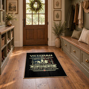 Vietnam veteran tribute area rug in black, green, cream, and gold, front room mockup
