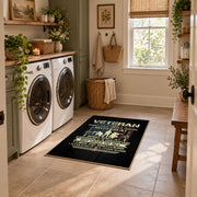 Vietnam veteran tribute area rug in black, green, cream, and gold, wide interior view