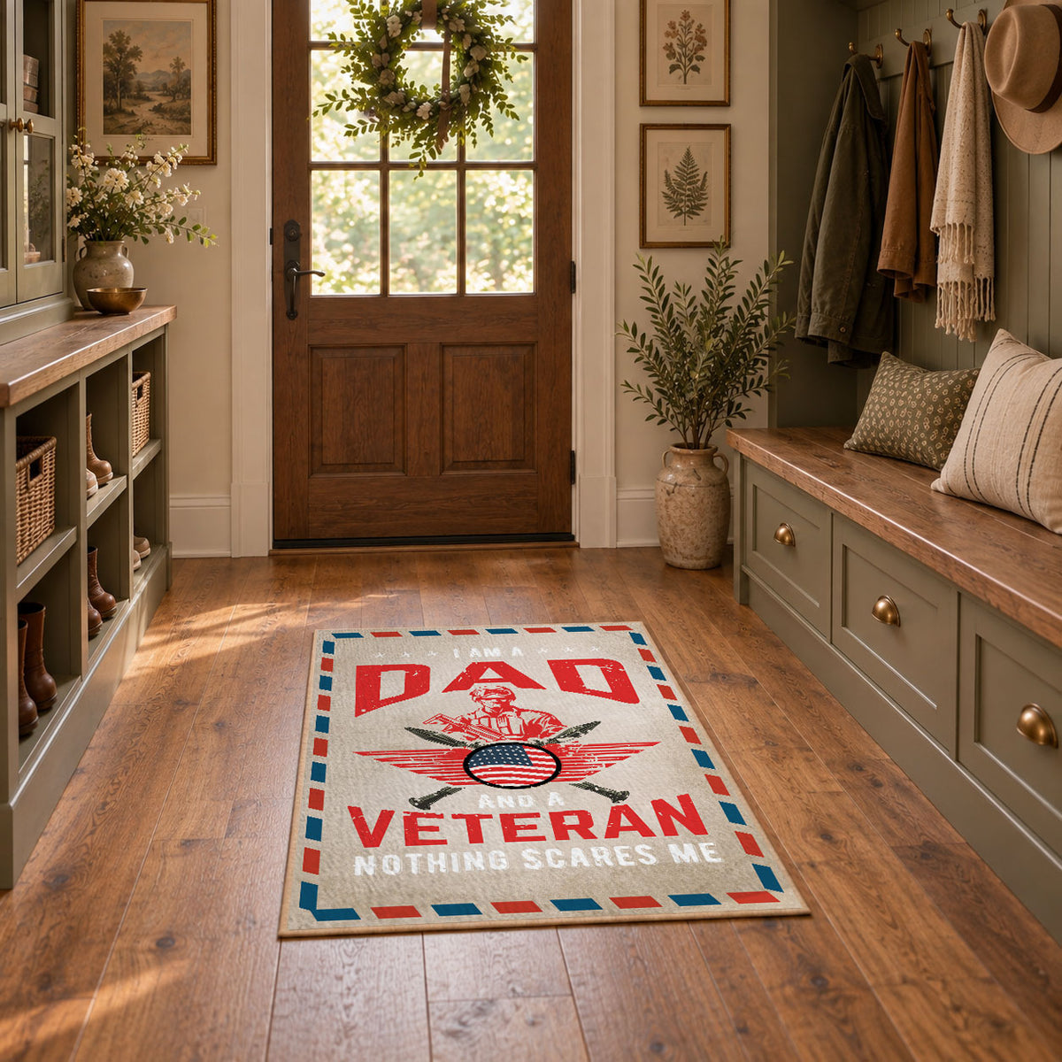 Veteran freedom tribute area rug in cream, red, blue, and black, featured room view