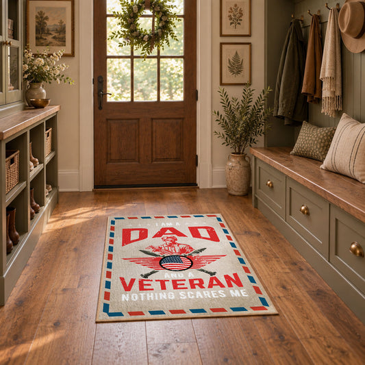 Veteran freedom tribute area rug in cream, red, blue, and black, featured room view