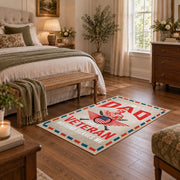 Veteran freedom tribute area rug in cream, red, blue, and black, cozy home setting
