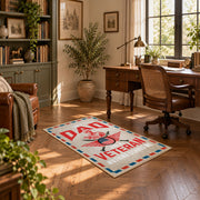 Veteran freedom tribute area rug in cream, red, blue, and black, complete product view