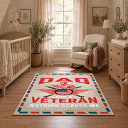 Veteran freedom tribute area rug in cream, red, blue, and black, full pattern view