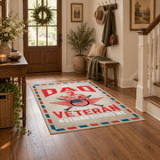 Veteran freedom tribute area rug in cream, red, blue, and black, close decorative detail