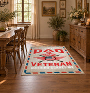 Veteran freedom tribute area rug in cream, red, blue, and black, front room mockup