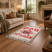 Veteran freedom tribute area rug in cream, red, blue, and black, design detail view