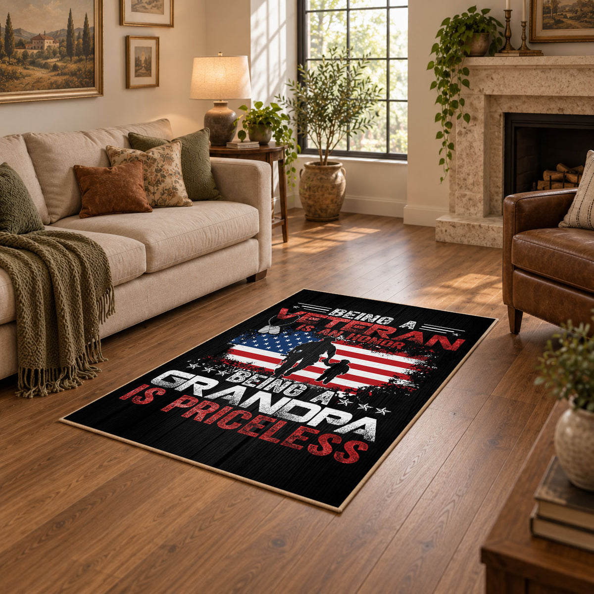 American service flag area rug in black, red, white, and blue, featured room view