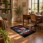 American service flag area rug in black, red, white, and blue, complete product view