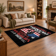 American service flag area rug in black, red, white, and blue, angled room view