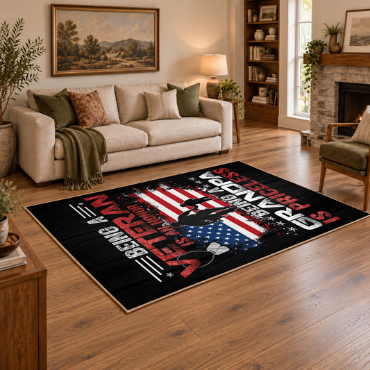 American service flag area rug in black, red, white, and blue, angled room view