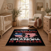 American service flag area rug in black, red, white, and blue, full pattern view