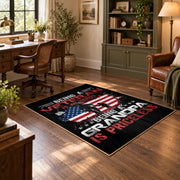 American service flag area rug in black, red, white, and blue, wood floor styling