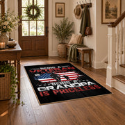 American service flag area rug in black, red, white, and blue, close decorative detail