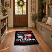 American service flag area rug in black, red, white, and blue, wide interior view