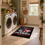 American service flag area rug in black, red, white, and blue, design detail view