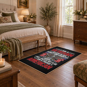 Eagle veteran honor area rug in black, red, gray, and cream, cozy home setting
