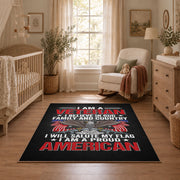 Eagle veteran honor area rug in black, red, gray, and cream, full pattern view