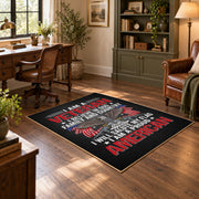 Eagle veteran honor area rug in black, red, gray, and cream, wood floor styling