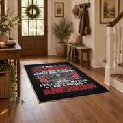 Eagle veteran honor area rug in black, red, gray, and cream, close decorative detail