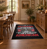 Eagle veteran honor area rug in black, red, gray, and cream, front room mockup