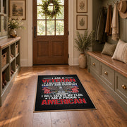 Eagle veteran honor area rug in black, red, gray, and cream, wide interior view