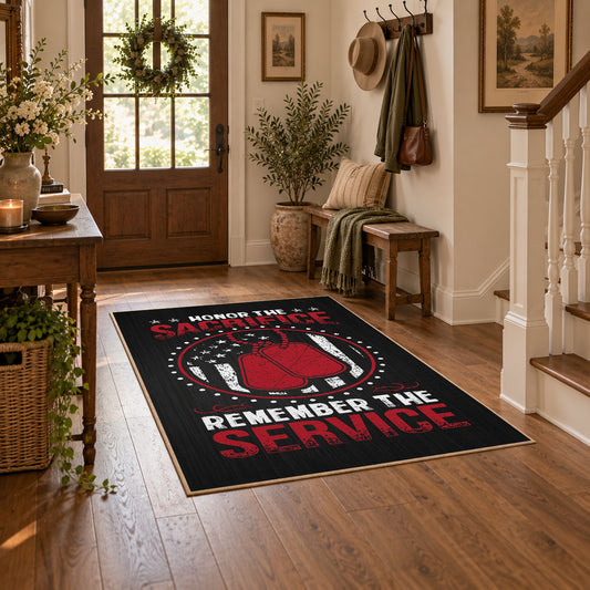 Space service emblem area rug in black, red, white, and gray, featured room view