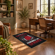 Space service emblem area rug in black, red, white, and gray, complete product view