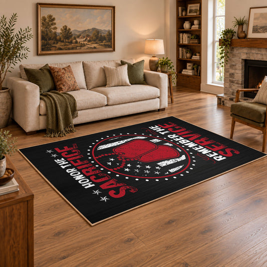 Space service emblem area rug in black, red, white, and gray, angled room view