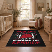 Space service emblem area rug in black, red, white, and gray, full pattern view