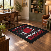 Space service emblem area rug in black, red, white, and gray, wood floor styling