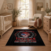 American patriot shield area rug in black, red, blue, and white, featured room view
