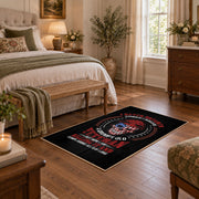 American patriot shield area rug in black, red, blue, and white, cozy home setting