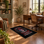 American patriot shield area rug in black, red, blue, and white, complete product view