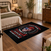 American patriot shield area rug in black, red, blue, and white, full pattern view