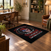 American patriot shield area rug in black, red, blue, and white, soft surface detail