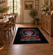American patriot shield area rug in black, red, blue, and white, close decorative detail