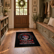 American patriot shield area rug in black, red, blue, and white, front room mockup