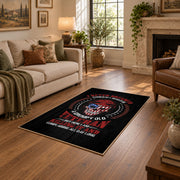 American patriot shield area rug in black, red, blue, and white, design detail view